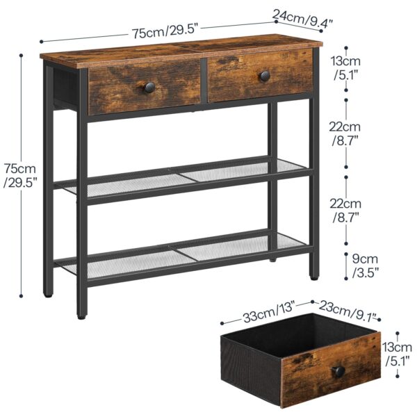 75cm Narrow Console Table with 2 Fabric Drawers, 3-Tier Storage Entryway Sofa Side Table for Living Room & Hallway, Rustic Brown & Black