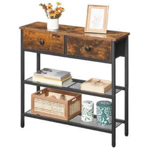 75cm Narrow Console Table with 2 Fabric Drawers, 3-Tier Storage Entryway Sofa Side Table for Living Room & Hallway, Rustic Brown & Black