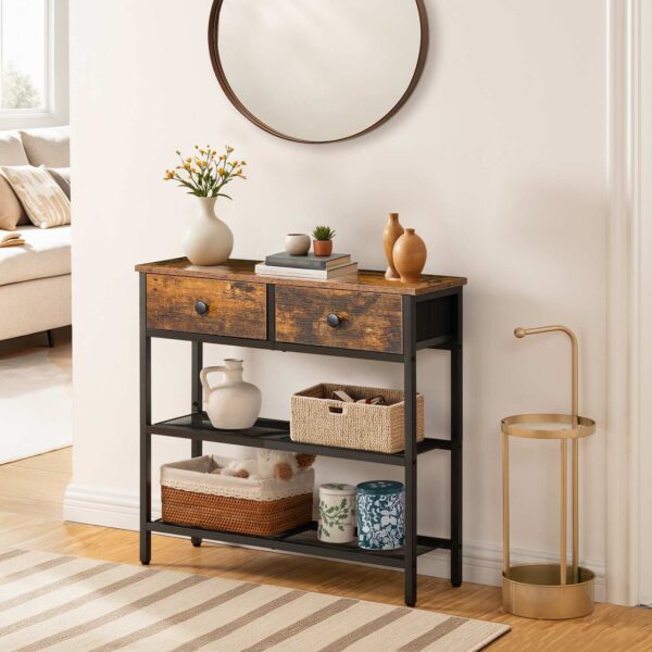75cm Narrow Console Table with 2 Fabric Drawers, 3-Tier Storage Entryway Sofa Side Table for Living Room & Hallway, Rustic Brown & Black