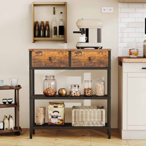 75cm Narrow Console Table with 2 Fabric Drawers, 3-Tier Storage Entryway Sofa Side Table for Living Room & Hallway, Rustic Brown & Black