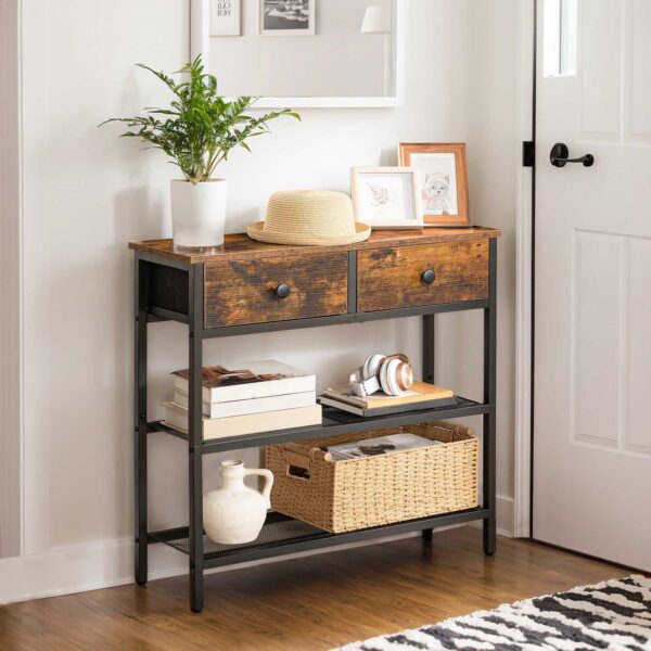 75cm Narrow Console Table with 2 Fabric Drawers, 3-Tier Storage Entryway Sofa Side Table for Living Room & Hallway, Rustic Brown & Black