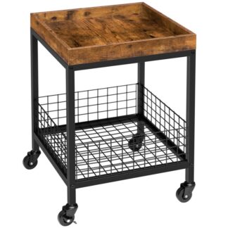 side table, end table with wire mesh basket and castors, tray, rolling square nightstand, small snack table, stable, for living room, kitchen, bedroom, industrial, rustic brown