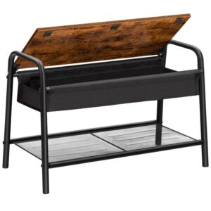 shoe storage bench, flip top entry bench shoe rack, small bench with storage and mesh shelves in entryway, hallway, living room, bedroom, strong stability, easy assembly, rustic brown