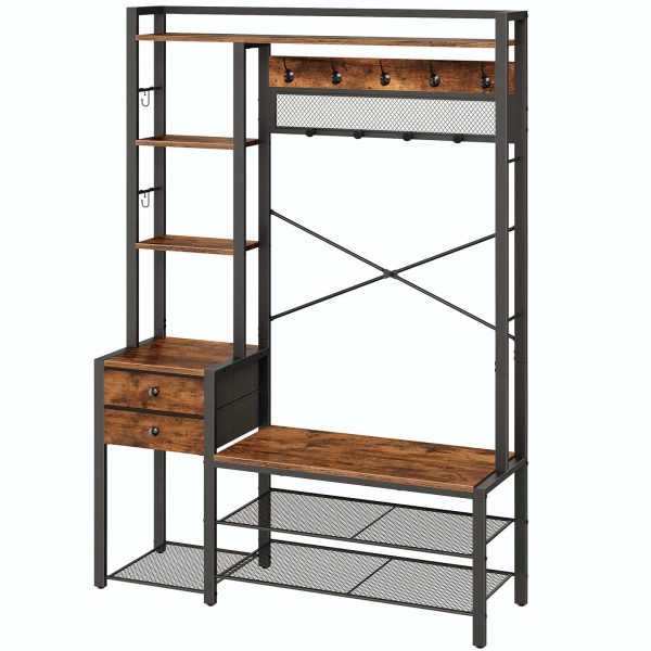 Rustic Brown Multi-Functional Entryway Hall Tree, Integrated Coat Rack with Shoe Storage, 5-Tier Shelves, 2 Fabric Drawers and 13 Hooks