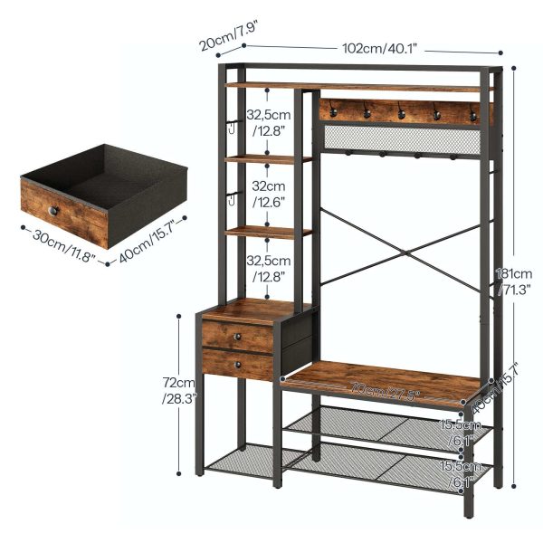 Rustic Brown Multi-Functional Entryway Hall Tree, Integrated Coat Rack with Shoe Storage, 5-Tier Shelves, 2 Fabric Drawers and 13 Hooks