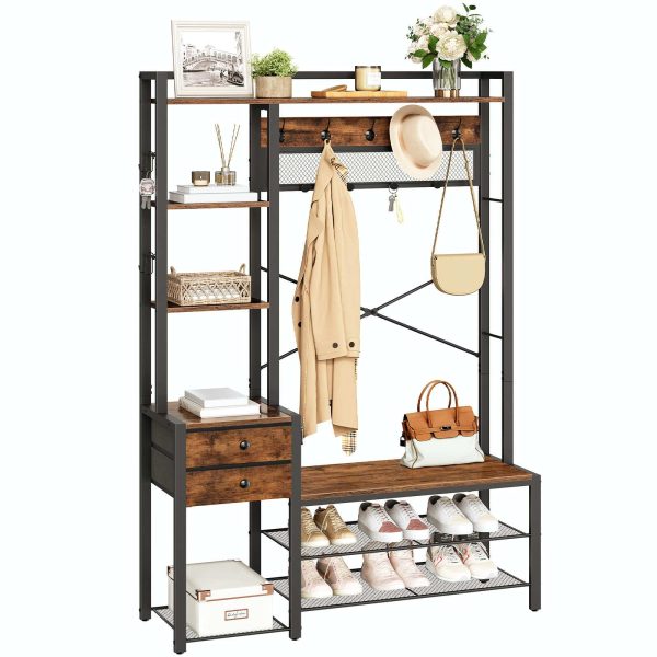 Rustic Brown Multi-Functional Entryway Hall Tree, Integrated Coat Rack with Shoe Storage, 5-Tier Shelves, 2 Fabric Drawers and 13 Hooks