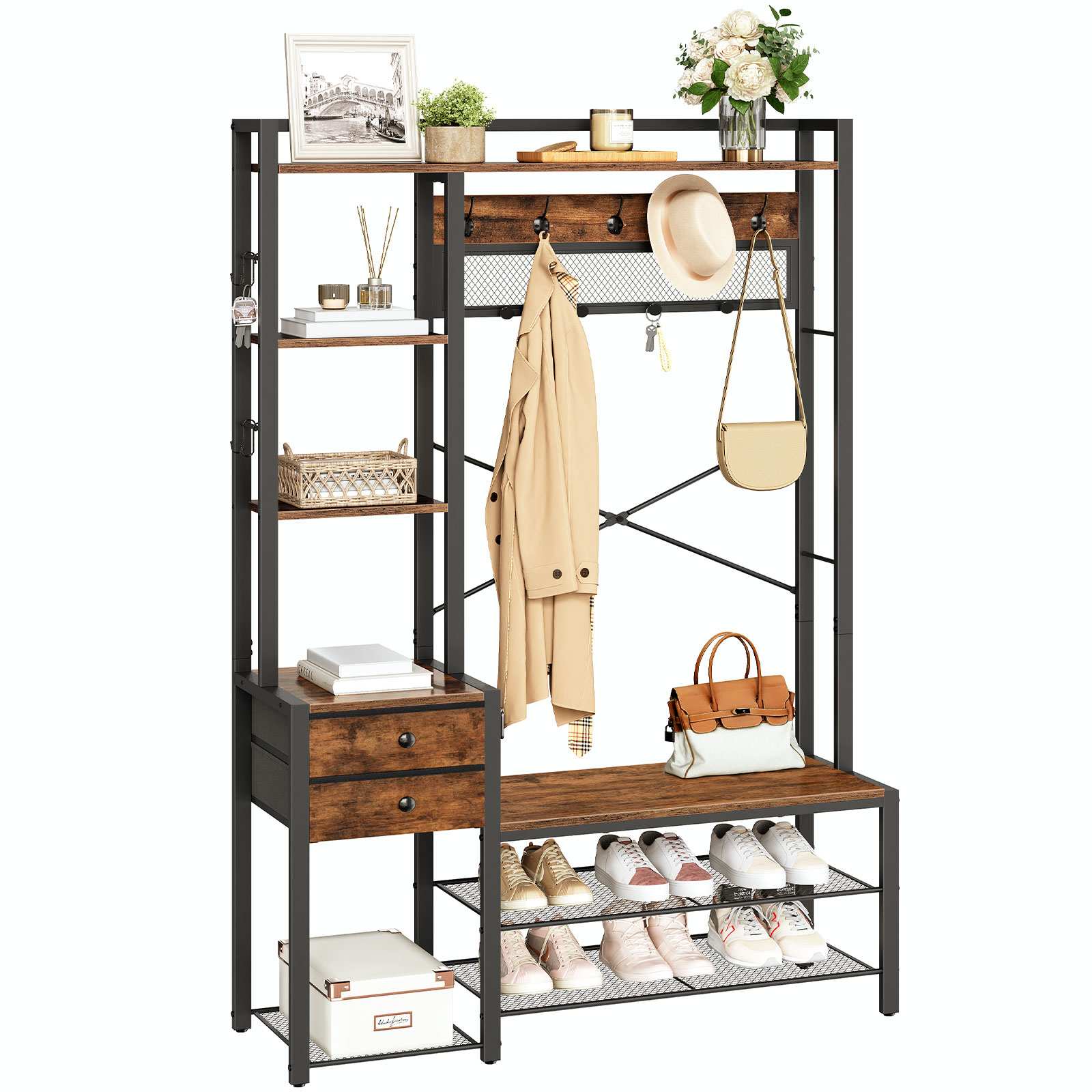 Rustic Brown Multi-Functional Entryway Hall Tree, Integrated Coat Rack with Shoe Storage, 5-Tier Shelves, 2 Fabric Drawers and 13 Hooks