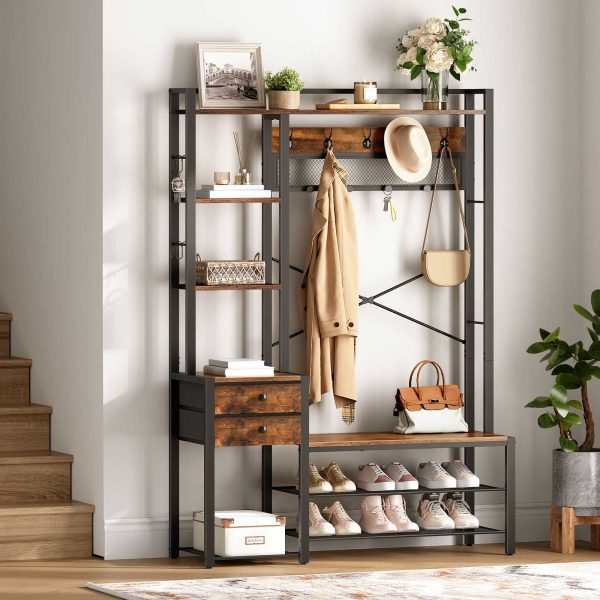 Rustic Brown Multi-Functional Entryway Hall Tree, Integrated Coat Rack with Shoe Storage, 5-Tier Shelves, 2 Fabric Drawers and 13 Hooks