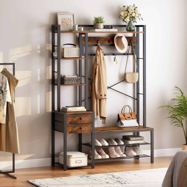 Rustic Brown Multi-Functional Entryway Hall Tree, Integrated Coat Rack with Shoe Storage, 5-Tier Shelves, 2 Fabric Drawers and 13 Hooks