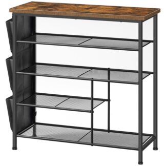 رف الأحذية, 5-منظم الأحذية الطبقة, رف تخزين الأحذية مع جيوب جانبية للتعليق, منظم تخزين الأحذية, وحدة تخزين الأحذية الصناعية للمدخل, اطار معدني, ريفي البني والأسود