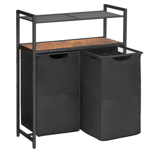 Wäschekorb mit Ablage, 2-Beutel je 50 l, Wäschesortierer mit herausnehmbaren Beuteln, Geeignet für Badezimmer und Waschküche, Rustikales Braun & Schwarz