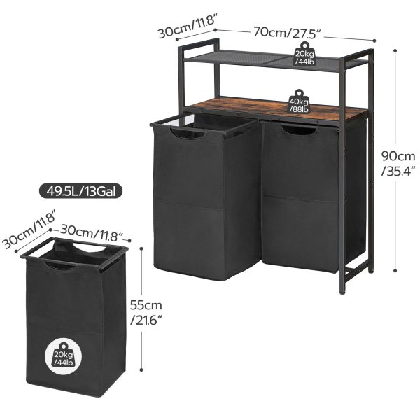 Wäschekorb mit Ablage, 2-Beutel je 50 l, Wäschesortierer mit herausnehmbaren Beuteln, Geeignet für Badezimmer und Waschküche, Rustikales Braun & Schwarz