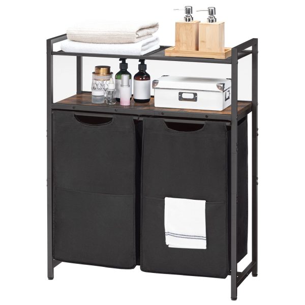 Wäschekorb mit Ablage, 2-Beutel je 50 l, Wäschesortierer mit herausnehmbaren Beuteln, Geeignet für Badezimmer und Waschküche, Rustikales Braun & Schwarz