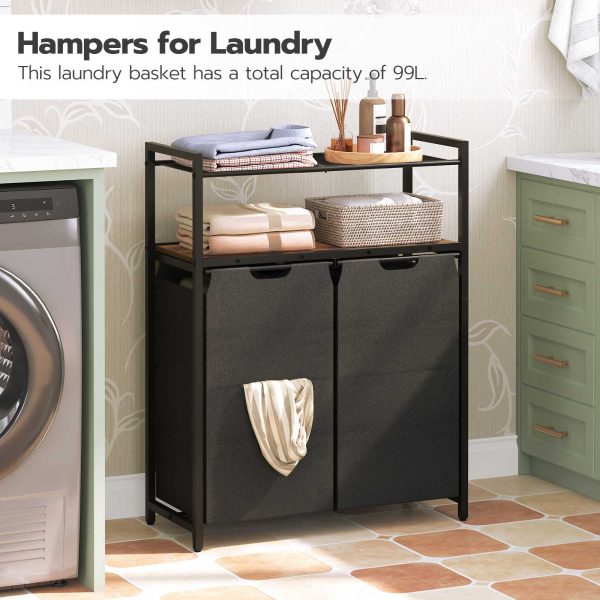 Wäschekorb mit Ablage, 2-Beutel je 50 l, Wäschesortierer mit herausnehmbaren Beuteln, Geeignet für Badezimmer und Waschküche, Rustikales Braun & Schwarz