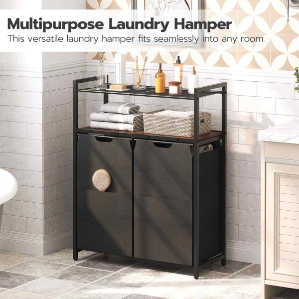 Wäschekorb mit Ablage, 2-Beutel je 50 l, Wäschesortierer mit herausnehmbaren Beuteln, Geeignet für Badezimmer und Waschküche, Rustikales Braun & Schwarz