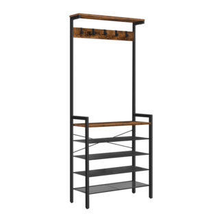 hall tree with bench, coat rack with shoe storage, shoe and coat rack, 5-tier entryway shoe storage, 5 hooks, for 12-16 pairs, industrial, hallway, foyer, mudroom, rustic brown