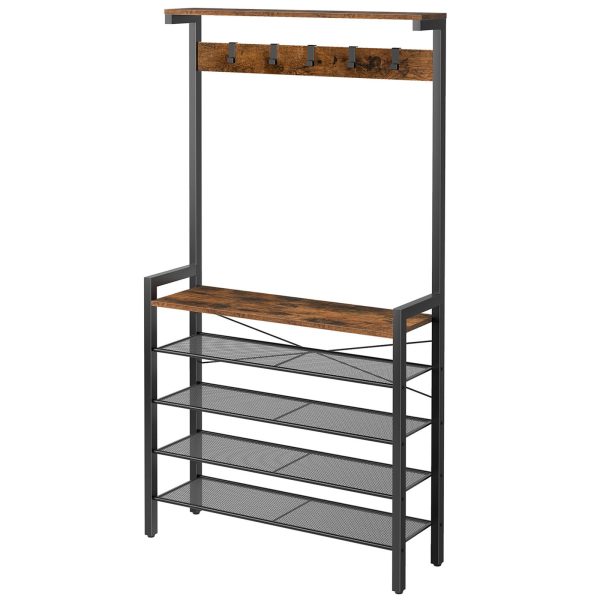 Arbre d'entrée brun rustique industriel avec banc, 5-Rangement pour chaussures d'entrée à plusieurs niveaux & 5 Patères, Porte-chaussures et porte-manteau sur pied pour 12-16 Des paires de chaussures, Convient pour le couloir, Foyer, Vestiaire