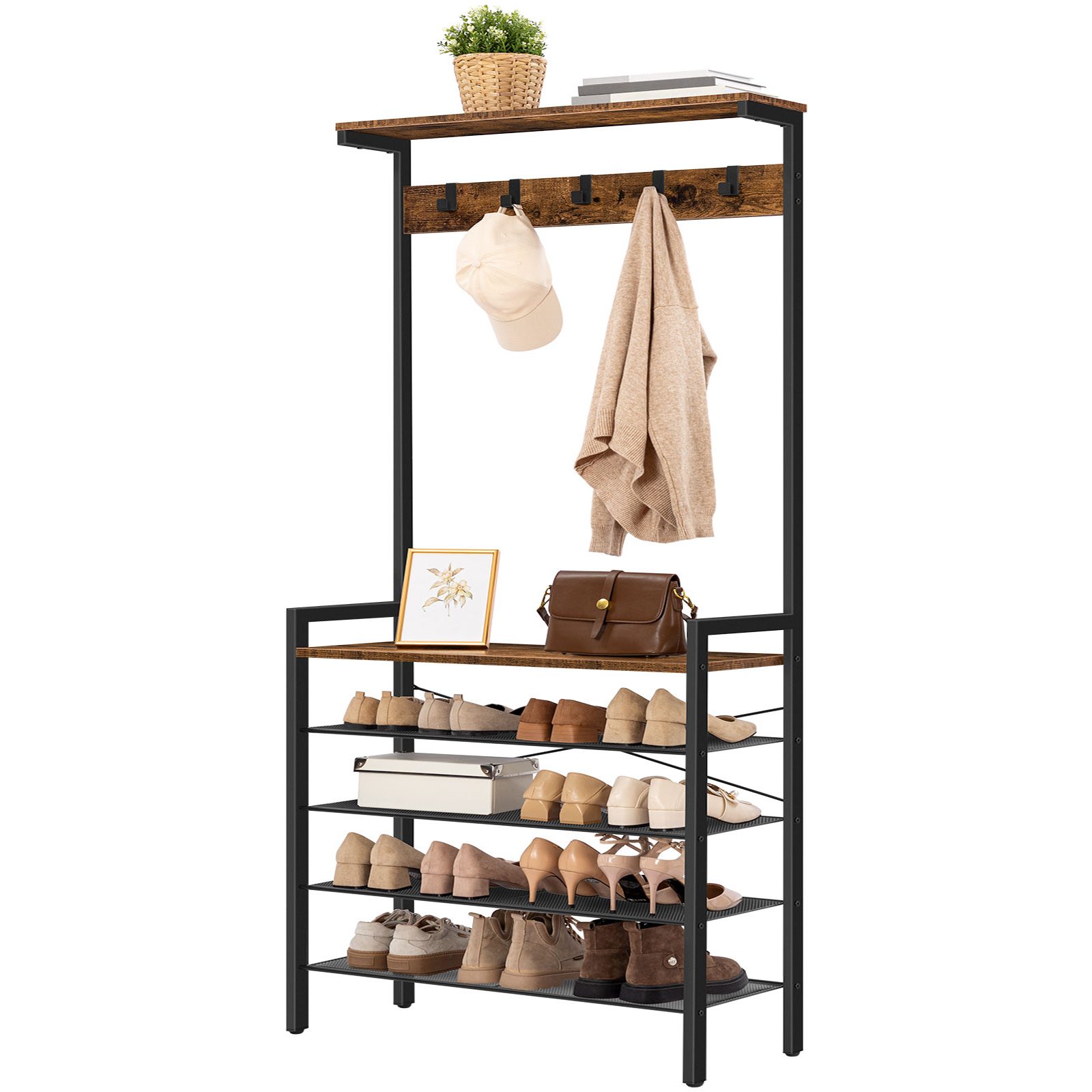 Industrial Rustic Brown Hall Tree with Bench, 5-تخزين الأحذية من الطبقة المدخلة & 5 علاقات المعاطف, Free-Standing Shoe and Coat Rack for 12-16 أزواج من الأحذية, مناسبة للممر, بهو, غرفة طينية