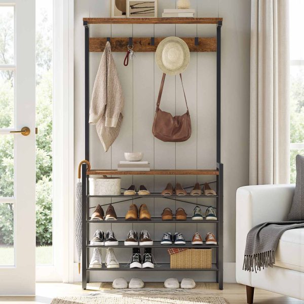 Arbre d'entrée brun rustique industriel avec banc, 5-Rangement pour chaussures d'entrée à plusieurs niveaux & 5 Patères, Porte-chaussures et porte-manteau sur pied pour 12-16 Des paires de chaussures, Convient pour le couloir, Foyer, Vestiaire