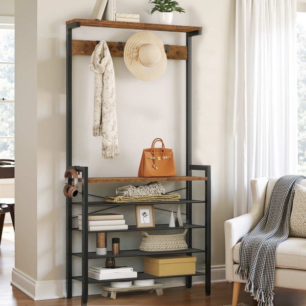 Arbre d'entrée brun rustique industriel avec banc, 5-Rangement pour chaussures d'entrée à plusieurs niveaux & 5 Patères, Porte-chaussures et porte-manteau sur pied pour 12-16 Des paires de chaussures, Convient pour le couloir, Foyer, Vestiaire