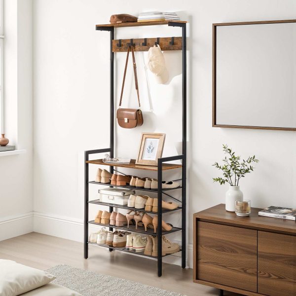 Arbre d'entrée brun rustique industriel avec banc, 5-Rangement pour chaussures d'entrée à plusieurs niveaux & 5 Patères, Porte-chaussures et porte-manteau sur pied pour 12-16 Des paires de chaussures, Convient pour le couloir, Foyer, Vestiaire