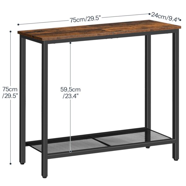 narrow console table, small entryway table with shelf, 2 tier thin sofa table, side table, display table, for hallway, living room, bedroom, foyer, rustic brown and black