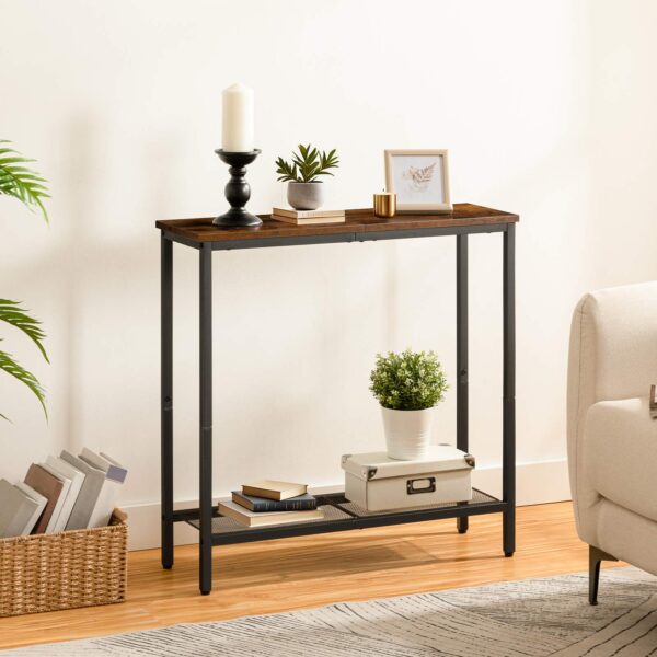 narrow console table, small entryway table with shelf, 2 tier thin sofa table, side table, display table, for hallway, living room, bedroom, foyer, rustic brown and black
