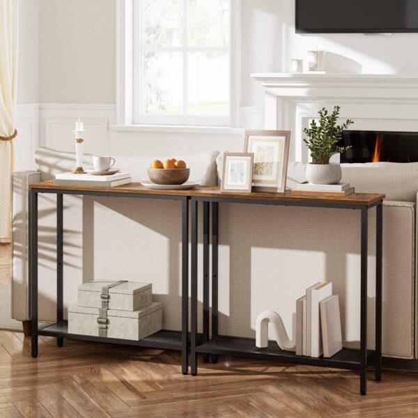narrow console table, small entryway table with shelf, 2 tier thin sofa table, side table, display table, for hallway, living room, bedroom, foyer, rustic brown and black