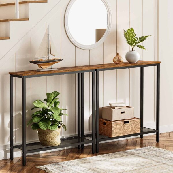 narrow console table, small entryway table with shelf, 2 tier thin sofa table, side table, display table, for hallway, living room, bedroom, foyer, rustic brown and black