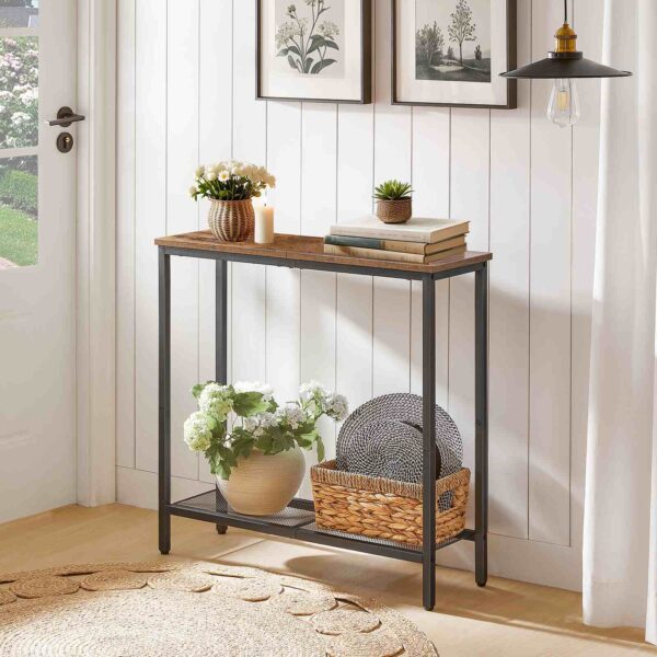 narrow console table, small entryway table with shelf, 2 tier thin sofa table, side table, display table, for hallway, living room, bedroom, foyer, rustic brown and black
