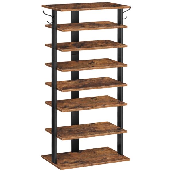 Vertical Shoe Rack, 8-Tier Shoe Storage Organizer with Hooks, Narrow Shoe Rack for 16 Pairs, Space Saving, Stable and Strong, for Entryway, Closet, Living Room, Bedroom, Rustic Brown