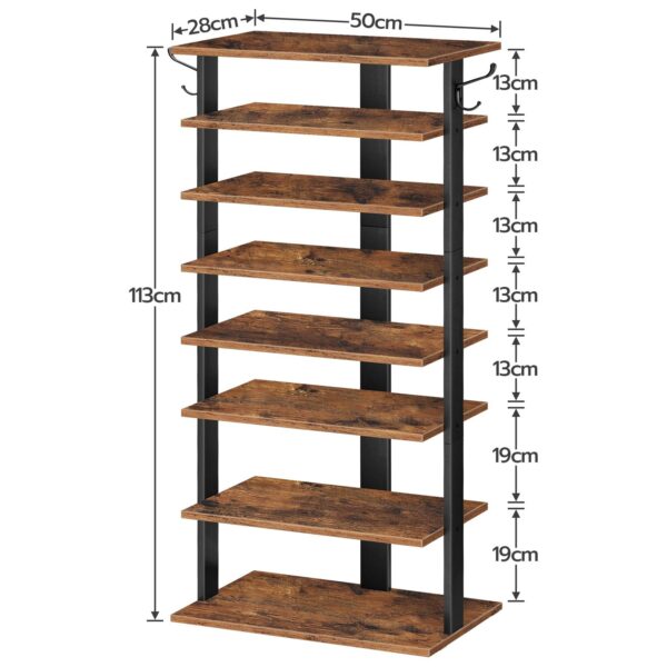 Vertical Shoe Rack, 8-Tier Shoe Storage Organizer with Hooks, Narrow Shoe Rack for 16 Pairs, Space Saving, Stable and Strong, for Entryway, Closet, Living Room, Bedroom, Rustic Brown