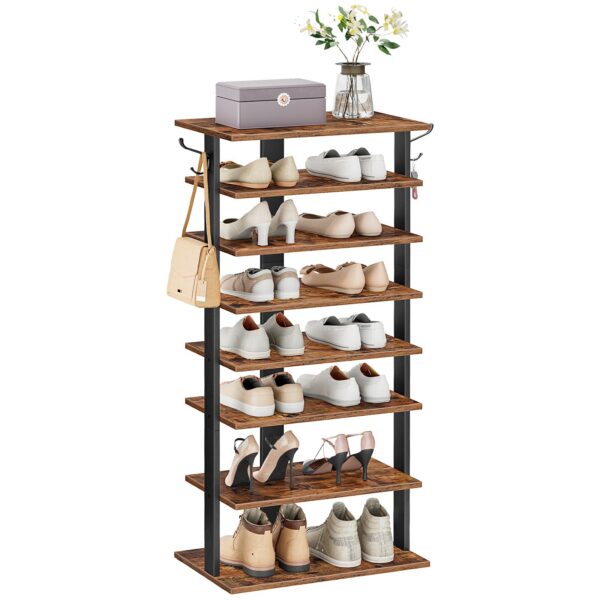 Vertical Shoe Rack, 8-Tier Shoe Storage Organizer with Hooks, Narrow Shoe Rack for 16 Pairs, Space Saving, Stable and Strong, for Entryway, Closet, Living Room, Bedroom, Rustic Brown