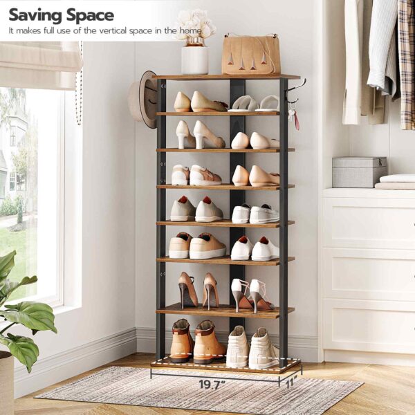 Vertical Shoe Rack, 8-Tier Shoe Storage Organizer with Hooks, Narrow Shoe Rack for 16 Pairs, Space Saving, Stable and Strong, for Entryway, Closet, Living Room, Bedroom, Rustic Brown