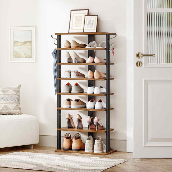Vertical Shoe Rack, 8-Tier Shoe Storage Organizer with Hooks, Narrow Shoe Rack for 16 Pairs, Space Saving, Stable and Strong, for Entryway, Closet, Living Room, Bedroom, Rustic Brown