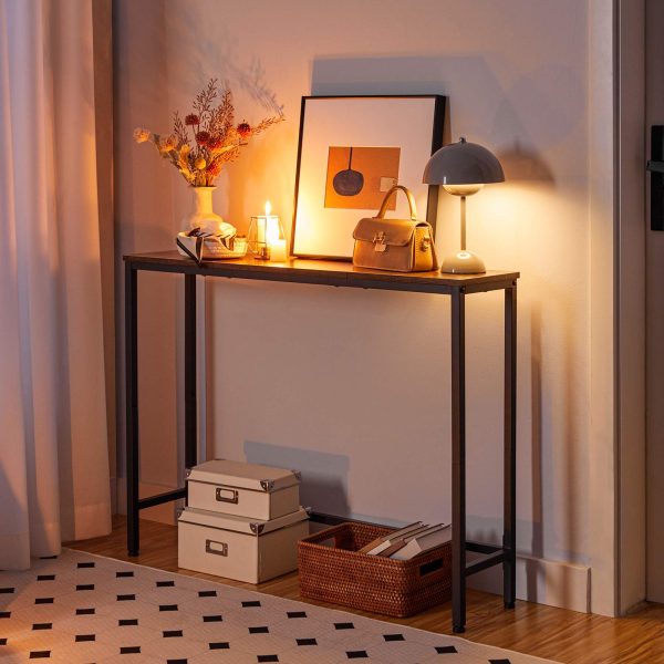 Schlank Konsol Dësch, Sofa Side Table mat Ënnerstëtzung Bar, Gang Entrée Dësch fir Wunnzëmmer, Entrée a Korridor, Staark Konstruktioun, Einfach Assemblée, Holz-Look Akzent Dësch, Rustikal Braun & Schwaarz