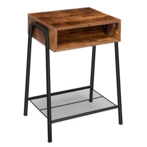 nightstand, industrial end table with open compartment and mesh shelf, bedside table for small space in bedroom living room, wood look accent table, rustic brown