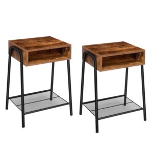 set of 2 bedside table, side table, with open compartment and wire mesh storage shelf, coffee table, space saving, easy assembly