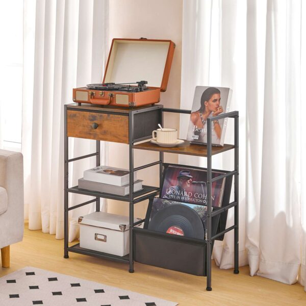 HOOBRO platespillerstativ med vinyllagring, Platespillerstativ med plateoppbevaring og displayhylle, Medieskap med skuff til stue, Soverom,Rustikk brun