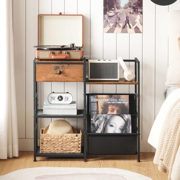 HOOBRO platespillerstativ med vinyllagring, Platespillerstativ med plateoppbevaring og displayhylle, Medieskap med skuff til stue, Soverom,Rustikk brun