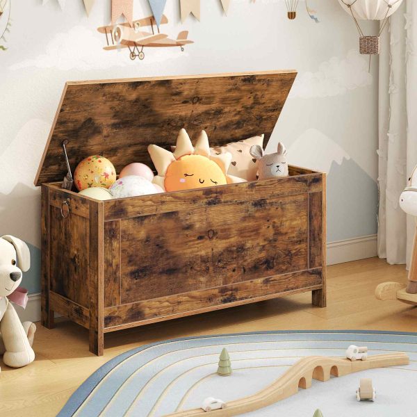 Cassetta portaoggetti retrò in legno con cerniera di sicurezza, Panca portaoggetti multifunzionale per l'ingresso & Organizzatore giocattolo, Montaggio semplice, Marrone rustico