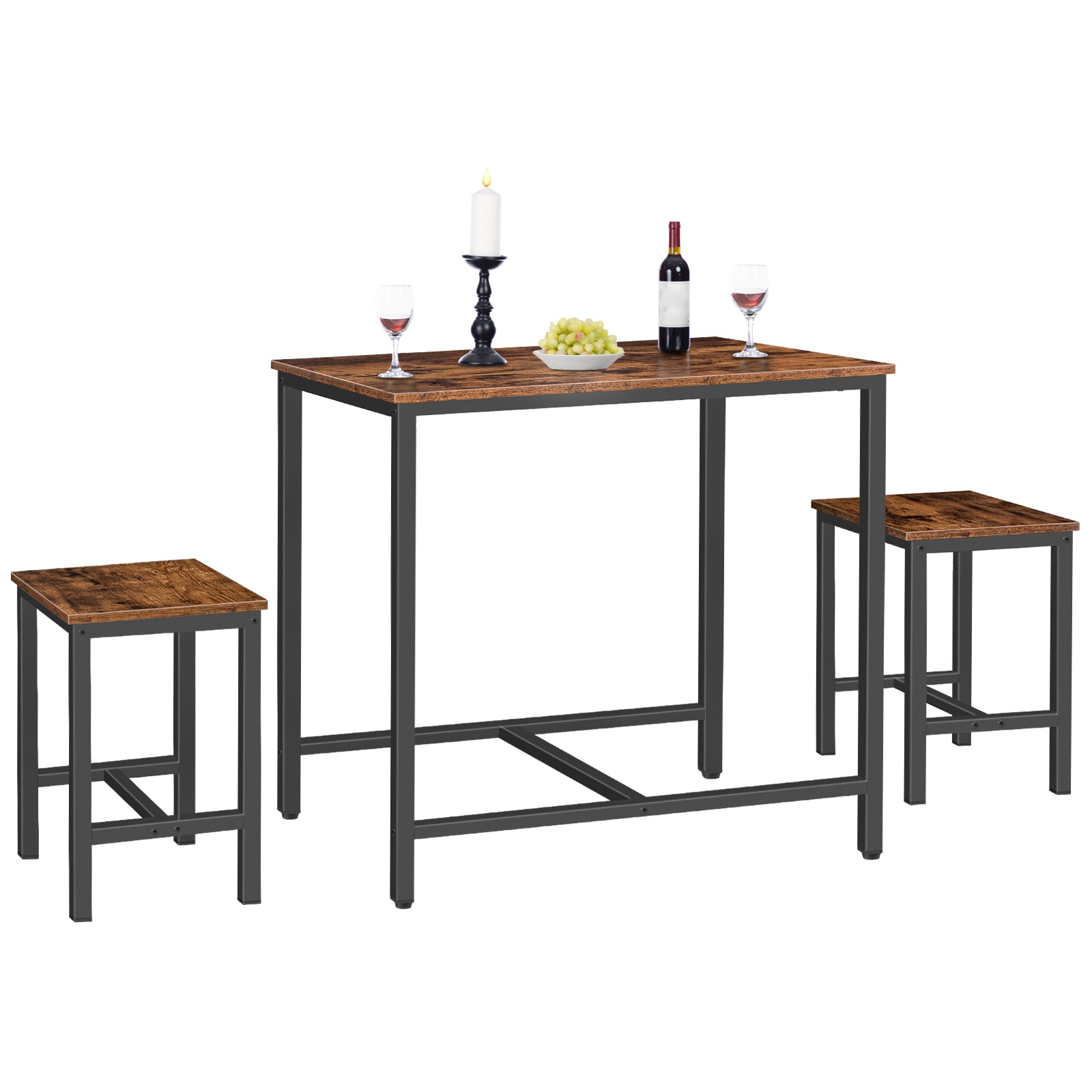 3-Piece Breakfast Bar Table Set, Индастриал Рустик Коричневый & Black Dining Table with Stools, Подходит для кухни, Living Room and Party Use