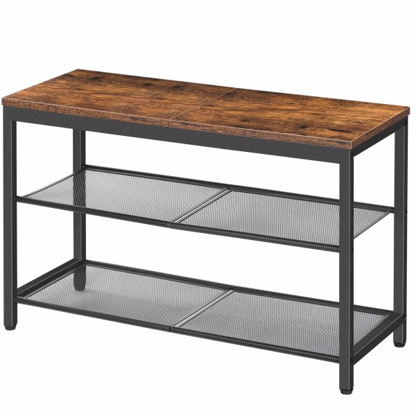 3-Tier Industrial Shoe Bench with Mesh Shelves, Rustic Brown Entryway Shoe Organizer Storage Bench, Suitable for Entryway, Living Room and Hallway, Easy Assembly