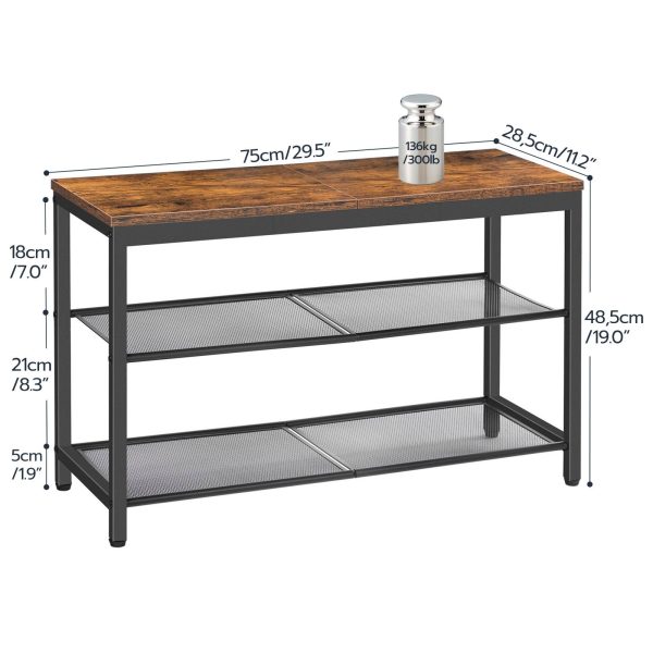 3-Tier Industrial Shoe Bench with Mesh Shelves, Rustic Brown Entryway Shoe Organizer Storage Bench, Suitable for Entryway, Living Room and Hallway, Easy Assembly