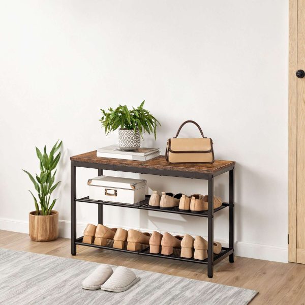 3-Tier Industrial Shoe Bench with Mesh Shelves, Rustic Brown Entryway Shoe Organizer Storage Bench, Suitable for Entryway, Living Room and Hallway, Easy Assembly