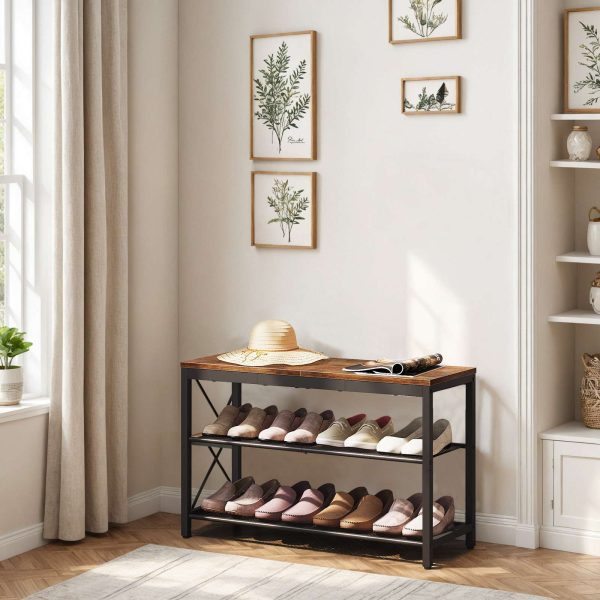 3-Tier Industrial Shoe Bench with Mesh Shelves, Rustic Brown Entryway Shoe Organizer Storage Bench, Suitable for Entryway, Living Room and Hallway, Easy Assembly