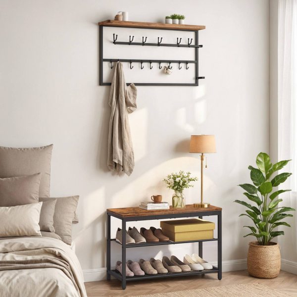 3-Tier Industrial Shoe Bench with Mesh Shelves, Rustic Brown Entryway Shoe Organizer Storage Bench, Suitable for Entryway, Living Room and Hallway, Easy Assembly