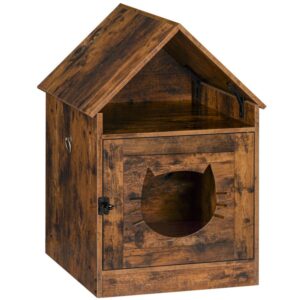 cat litter box enclosure, hidden cat washroom with roof, wooden litter box furniture with door and cat head opening, indoor pet house with extra space on the top, fit most cats