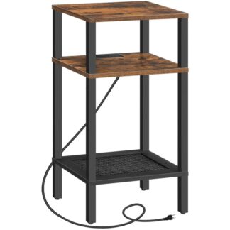 Großer Endtisch mit Ladestation, 3-Tier -Telefontisch mit Lagerregalen, Schmaler Beistelltisch mit Typ-C und USB-Anschluss für das Wohnzimmer, Schlafzimmer, Einfache Montage, Rustikales Braun