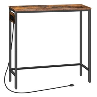 narrow console table with power outlets, 29.5" small entryway table with charging station, thin sofa table, side table, for hallway, bedroom, living room, rustic brown and black
